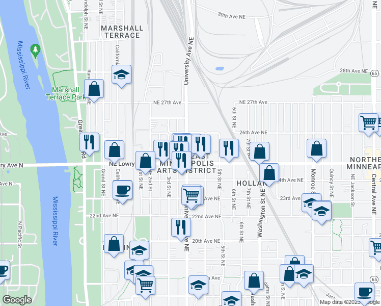 map of restaurants, bars, coffee shops, grocery stores, and more near 339 Northeast Lowry Avenue in Minneapolis