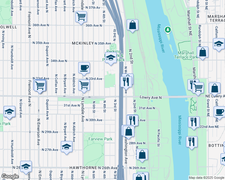 map of restaurants, bars, coffee shops, grocery stores, and more near 3211 North 3rd Street in Minneapolis