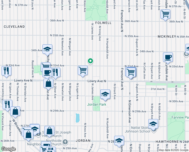 map of restaurants, bars, coffee shops, grocery stores, and more near 1610 Lowry Avenue North in Minneapolis