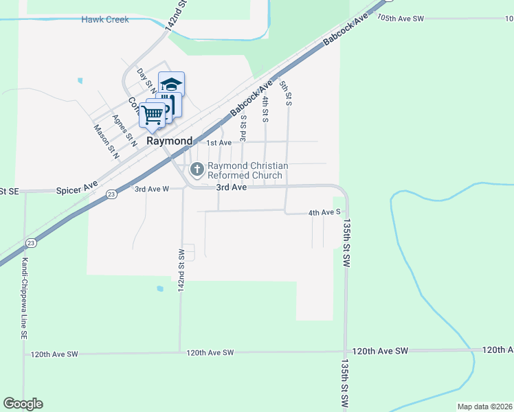 map of restaurants, bars, coffee shops, grocery stores, and more near 406 4th Avenue South in Raymond