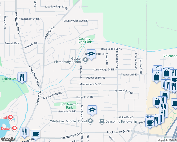 map of restaurants, bars, coffee shops, grocery stores, and more near 1569 Mistwood Drive Northeast in Keizer