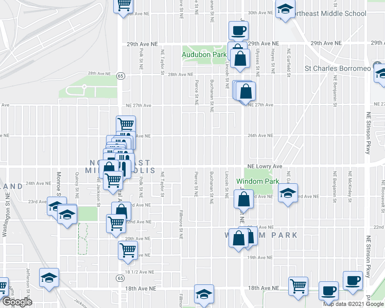 map of restaurants, bars, coffee shops, grocery stores, and more near 1213 Northeast Lowry Avenue in Minneapolis