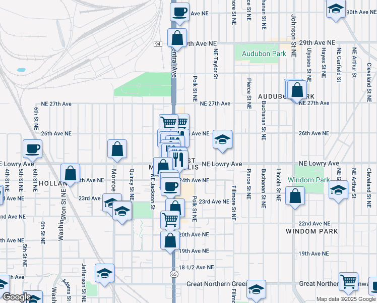 map of restaurants, bars, coffee shops, grocery stores, and more near 951 Northeast Lowry Avenue in Minneapolis