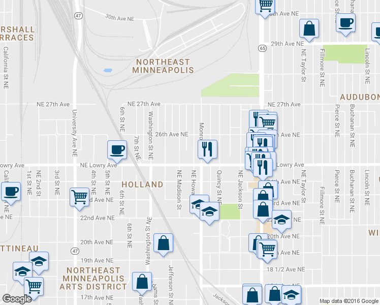 map of restaurants, bars, coffee shops, grocery stores, and more near 2510 Northeast Howard Street in Minneapolis
