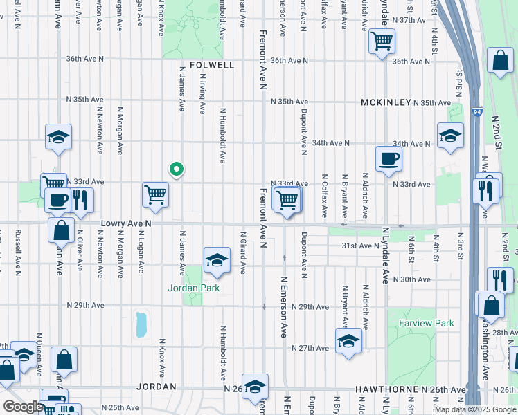 map of restaurants, bars, coffee shops, grocery stores, and more near 1300 Lowry Avenue North in Minneapolis