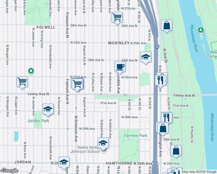 map of restaurants, bars, coffee shops, grocery stores, and more near 3211 North Aldrich Avenue in Minneapolis