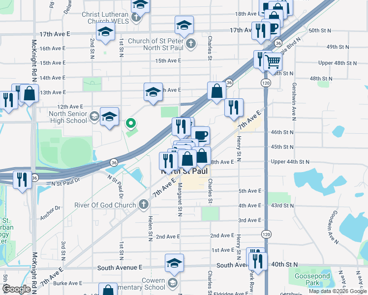 map of restaurants, bars, coffee shops, grocery stores, and more near 2400 Margaret Street North in North Saint Paul