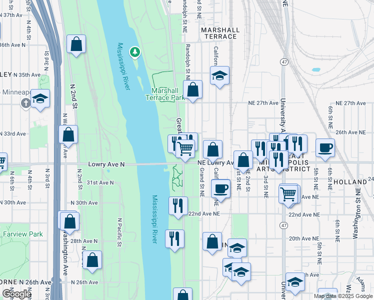 map of restaurants, bars, coffee shops, grocery stores, and more near 2519 Marshall Street Northeast in Minneapolis