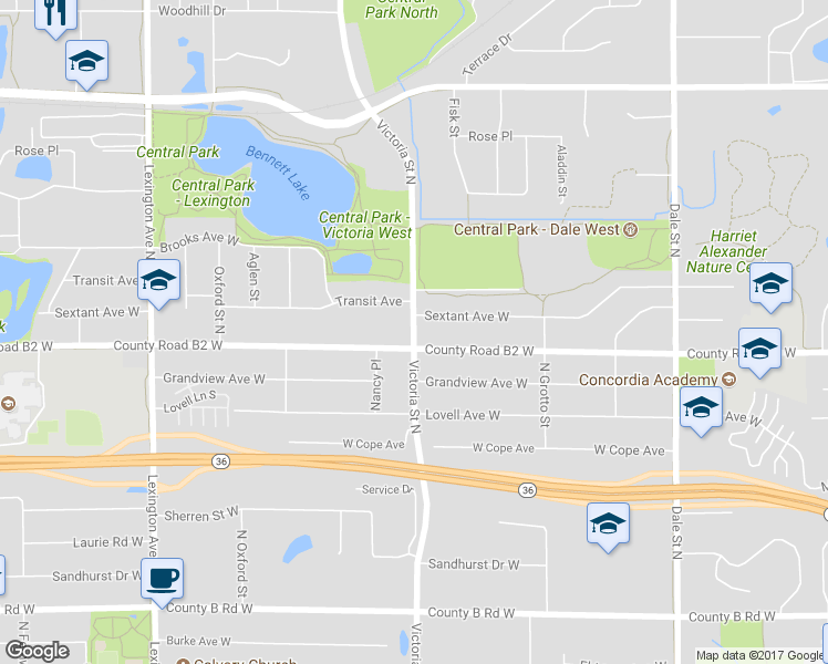 map of restaurants, bars, coffee shops, grocery stores, and more near 2400 Victoria Street North in Roseville