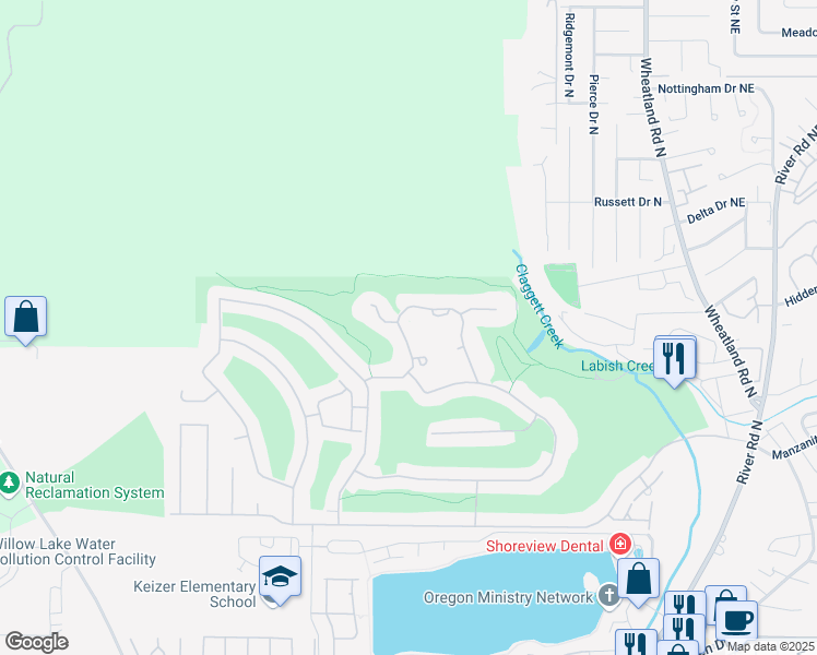map of restaurants, bars, coffee shops, grocery stores, and more near 744 Castle Pines Drive North in Keizer