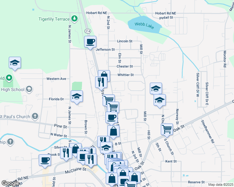 map of restaurants, bars, coffee shops, grocery stores, and more near 951 North 2nd Street in Silverton