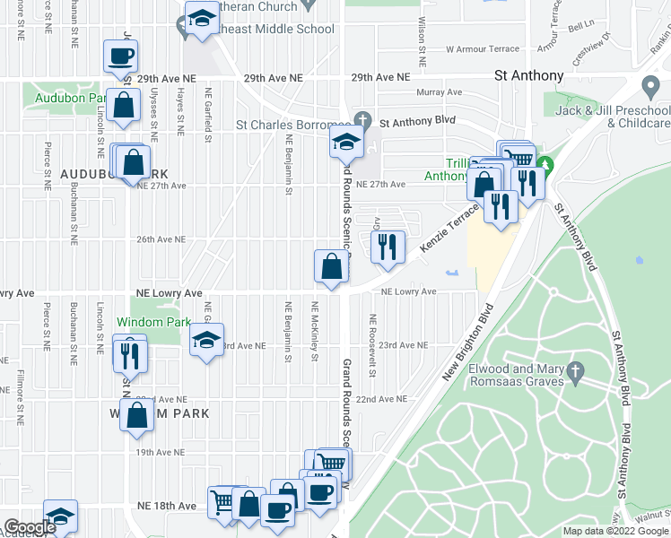 map of restaurants, bars, coffee shops, grocery stores, and more near in Minneapolis
