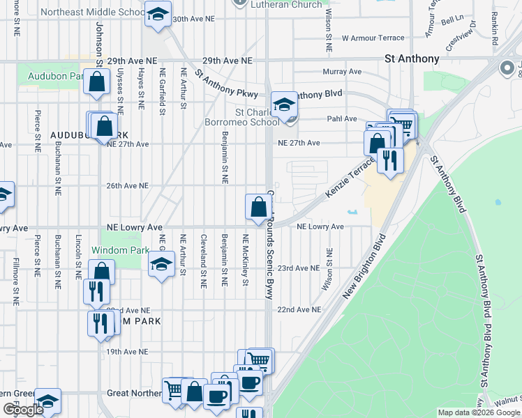 map of restaurants, bars, coffee shops, grocery stores, and more near in Minneapolis