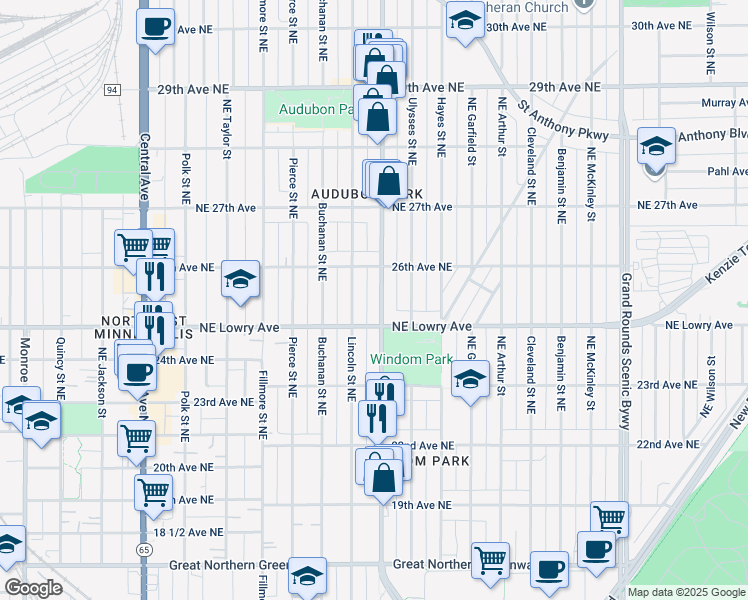map of restaurants, bars, coffee shops, grocery stores, and more near 1601 Northeast Lowry Avenue in Minneapolis