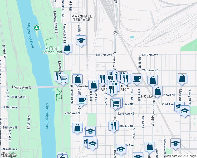 map of restaurants, bars, coffee shops, grocery stores, and more near 215 Northeast Lowry Avenue in Minneapolis