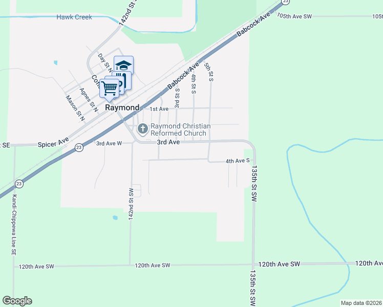 map of restaurants, bars, coffee shops, grocery stores, and more near 406 4th Avenue South in Raymond