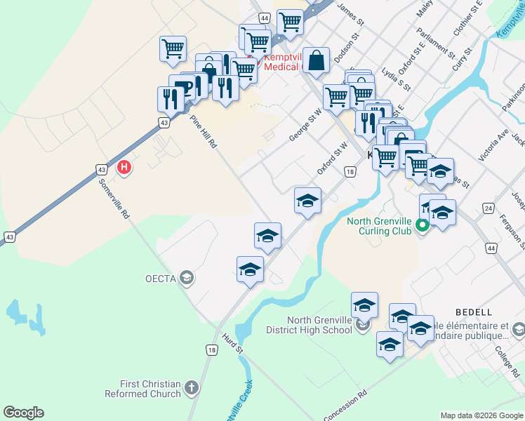 map of restaurants, bars, coffee shops, grocery stores, and more near 337 Pine Hill Road in Kemptville