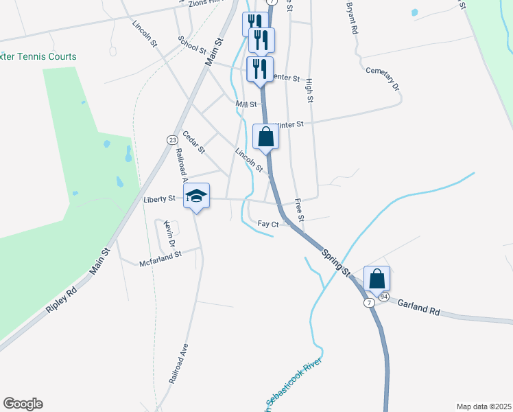 map of restaurants, bars, coffee shops, grocery stores, and more near 25 Fay Court in Dexter