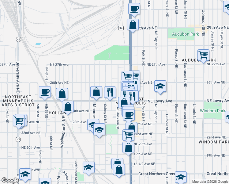 map of restaurants, bars, coffee shops, grocery stores, and more near 2511 Northeast Jackson Street in Minneapolis
