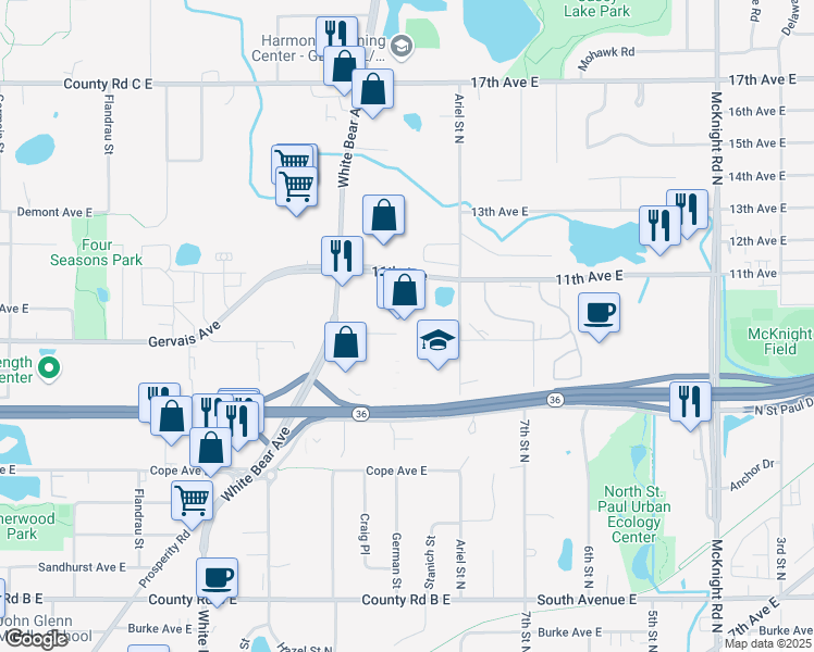 map of restaurants, bars, coffee shops, grocery stores, and more near 2390 White Bear Avenue in Maplewood