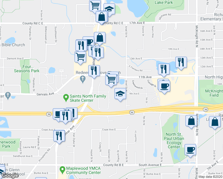 map of restaurants, bars, coffee shops, grocery stores, and more near 2390 White Bear Avenue in Maplewood