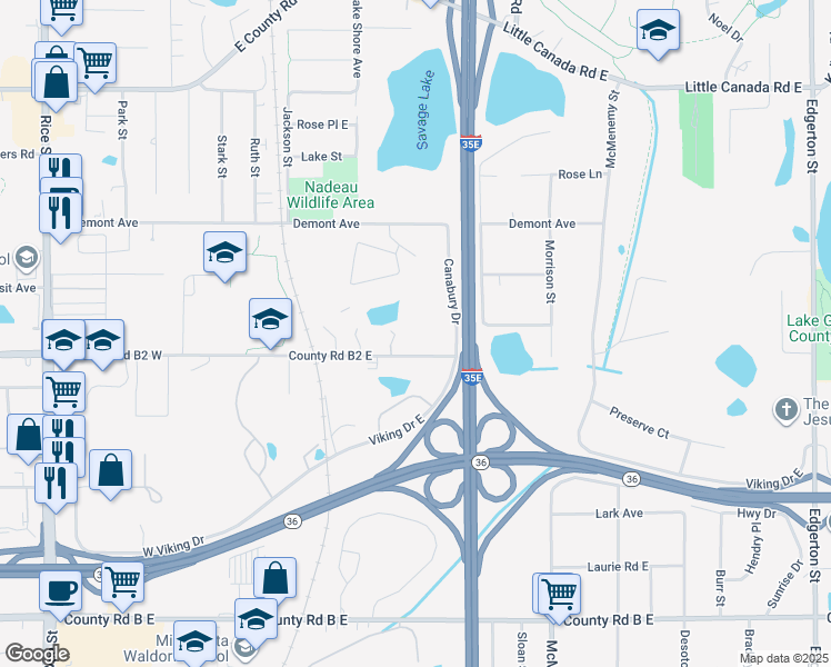 map of restaurants, bars, coffee shops, grocery stores, and more near 235 County Road B2 East in Saint Paul