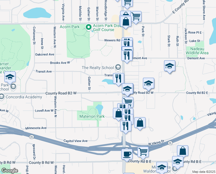 map of restaurants, bars, coffee shops, grocery stores, and more near 194 County Road B2 West in Roseville