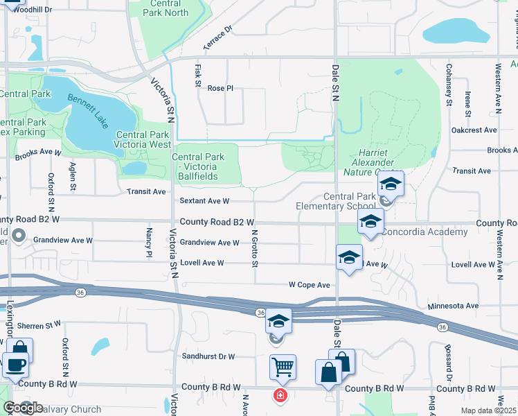 map of restaurants, bars, coffee shops, grocery stores, and more near 721 County Road B2 West in Roseville