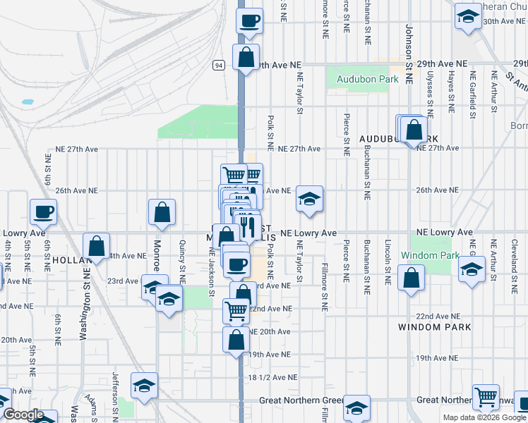 map of restaurants, bars, coffee shops, grocery stores, and more near 951 Northeast Lowry Avenue in Minneapolis