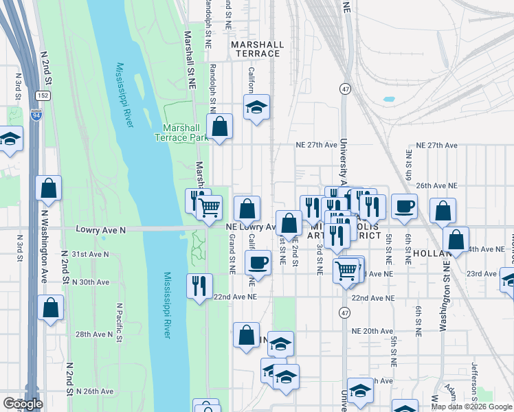 map of restaurants, bars, coffee shops, grocery stores, and more near 2511 California Street Northeast in Minneapolis