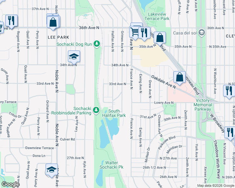 map of restaurants, bars, coffee shops, grocery stores, and more near 3226 Halglo Place in Minneapolis