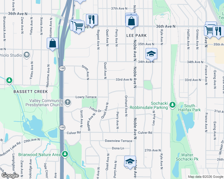 map of restaurants, bars, coffee shops, grocery stores, and more near 4965 Lowry Terrace in Minneapolis
