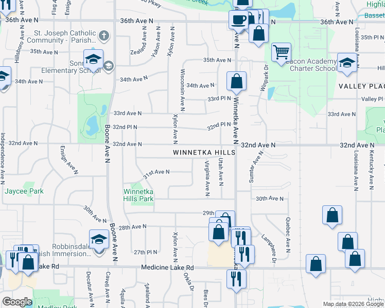 map of restaurants, bars, coffee shops, grocery stores, and more near 3110 Wisconsin Avenue North in Minneapolis