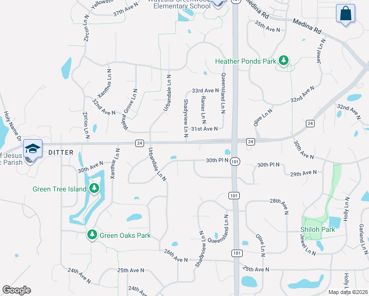 map of restaurants, bars, coffee shops, grocery stores, and more near 18210 30th Place North in Minneapolis