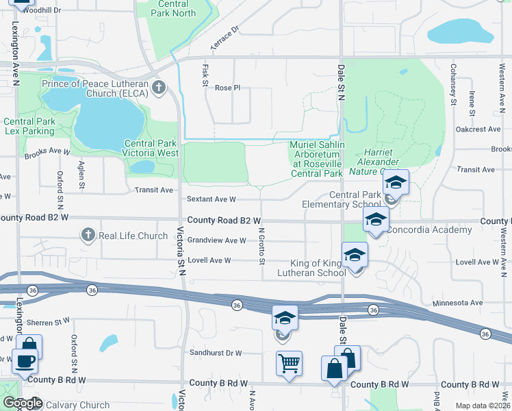 map of restaurants, bars, coffee shops, grocery stores, and more near 757 County Road B2 West in Roseville