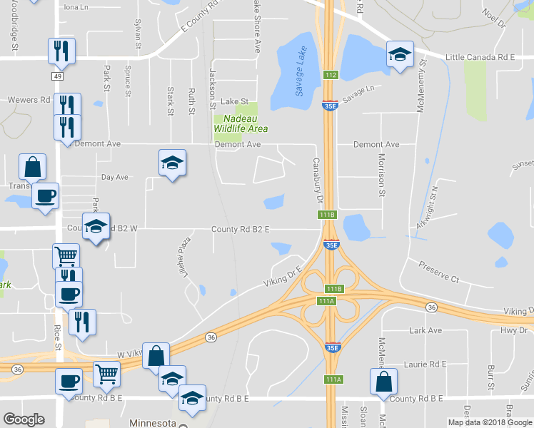 map of restaurants, bars, coffee shops, grocery stores, and more near 175 County Road B2 East in Saint Paul