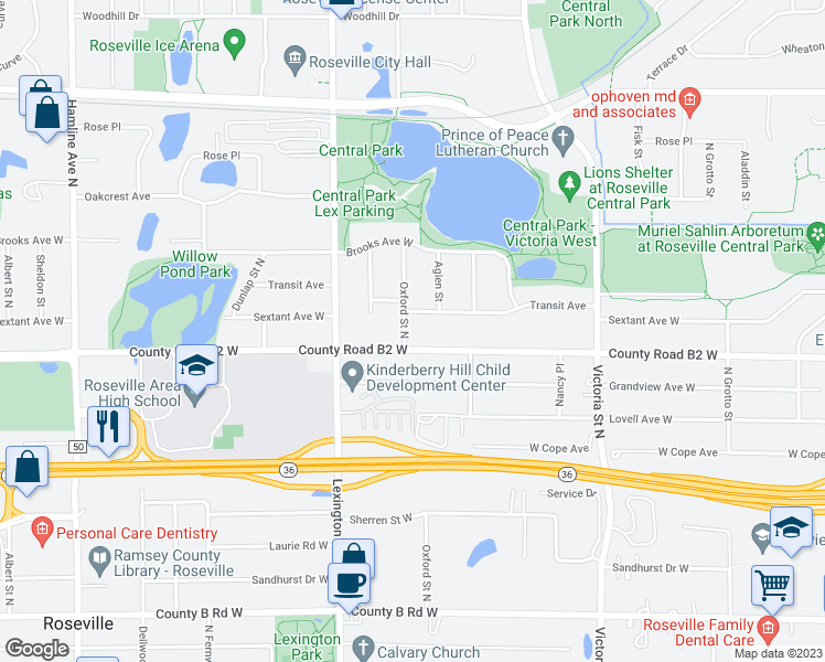 map of restaurants, bars, coffee shops, grocery stores, and more near 2416 North Oxford Street in Roseville