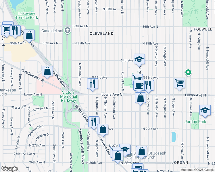 map of restaurants, bars, coffee shops, grocery stores, and more near 3228 North Thomas Avenue in Minneapolis