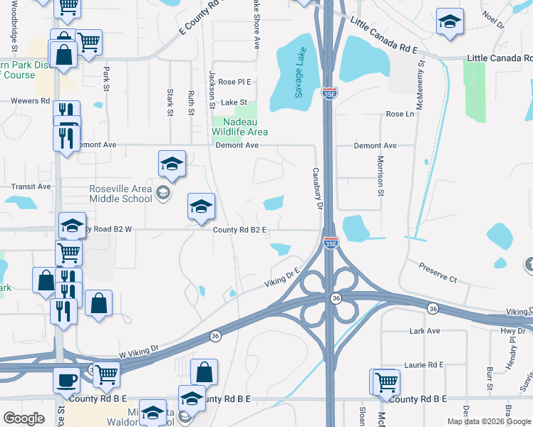 map of restaurants, bars, coffee shops, grocery stores, and more near 180 County Road B2 East in Little Canada