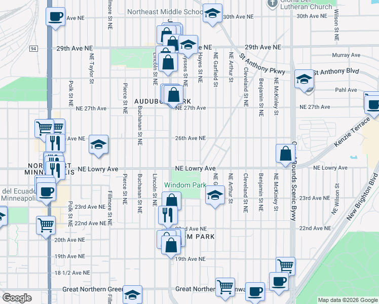 map of restaurants, bars, coffee shops, grocery stores, and more near 1705 Northeast Lowry Avenue in Minneapolis