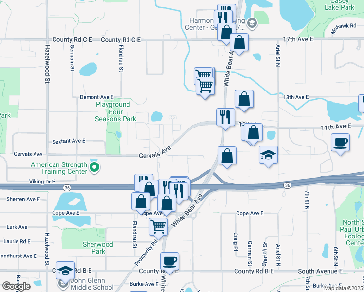 map of restaurants, bars, coffee shops, grocery stores, and more near 1810 Gervais Court in Maplewood