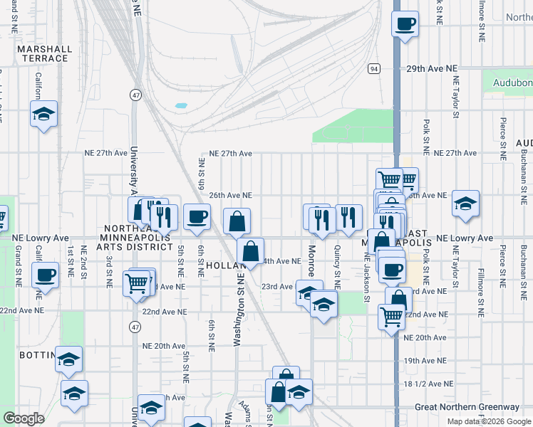 map of restaurants, bars, coffee shops, grocery stores, and more near 2511 Jefferson Street Northeast in Minneapolis