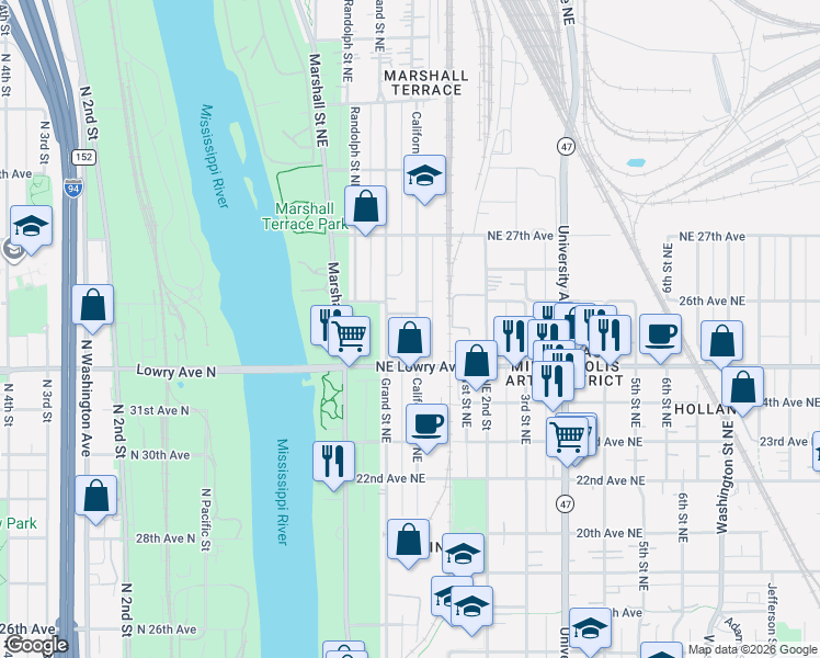map of restaurants, bars, coffee shops, grocery stores, and more near 2511 California Street Northeast in Minneapolis