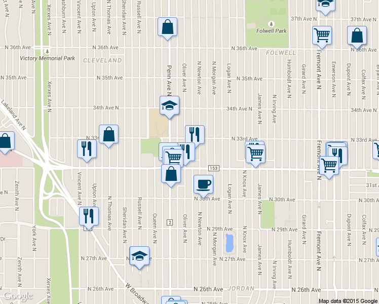 map of restaurants, bars, coffee shops, grocery stores, and more near 2104 Lowry Avenue North in Minneapolis
