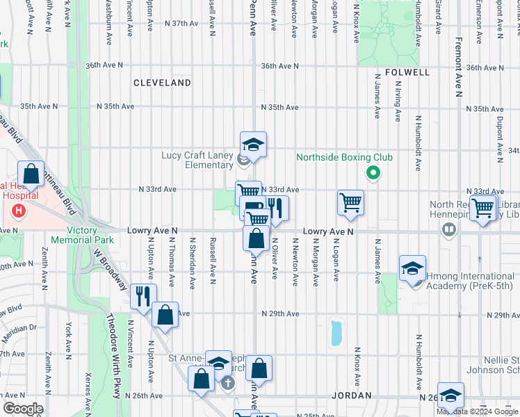 map of restaurants, bars, coffee shops, grocery stores, and more near 2136 Lowry Avenue North in Minneapolis