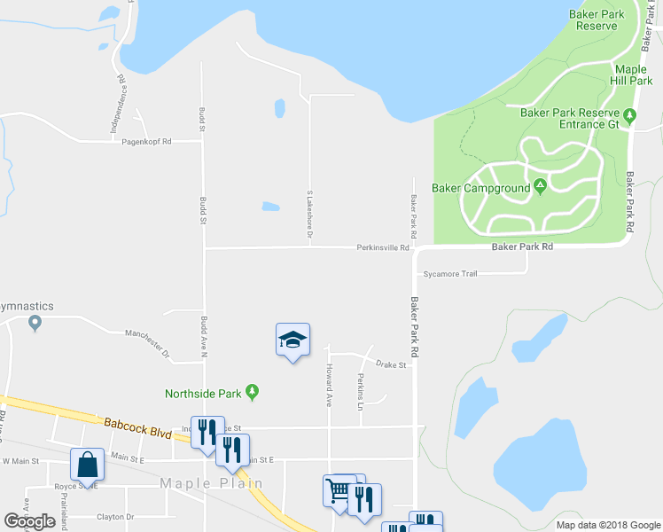 map of restaurants, bars, coffee shops, grocery stores, and more near 4955 Perkinsville Road in Maple Plain