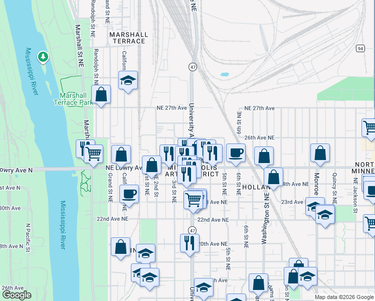 map of restaurants, bars, coffee shops, grocery stores, and more near 311 Northeast Lowry Avenue in Minneapolis
