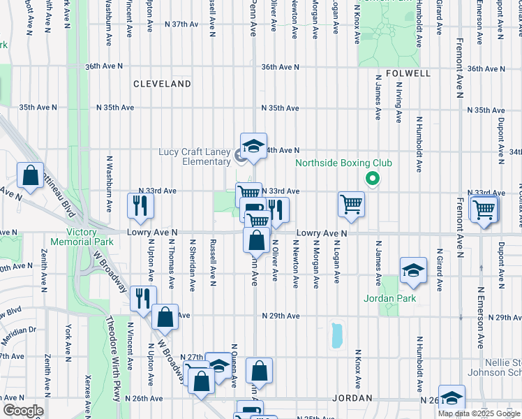 map of restaurants, bars, coffee shops, grocery stores, and more near 3230 Penn Ave N in Minneapolis