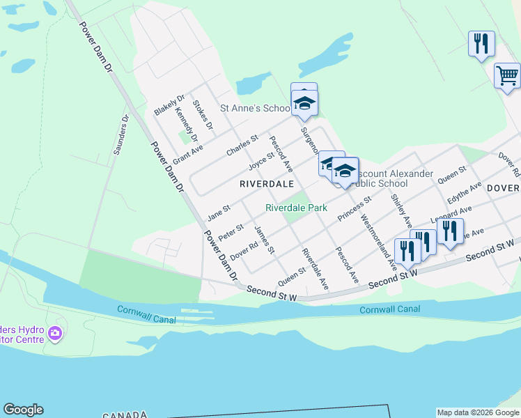 map of restaurants, bars, coffee shops, grocery stores, and more near 1603 Peter Street in Cornwall