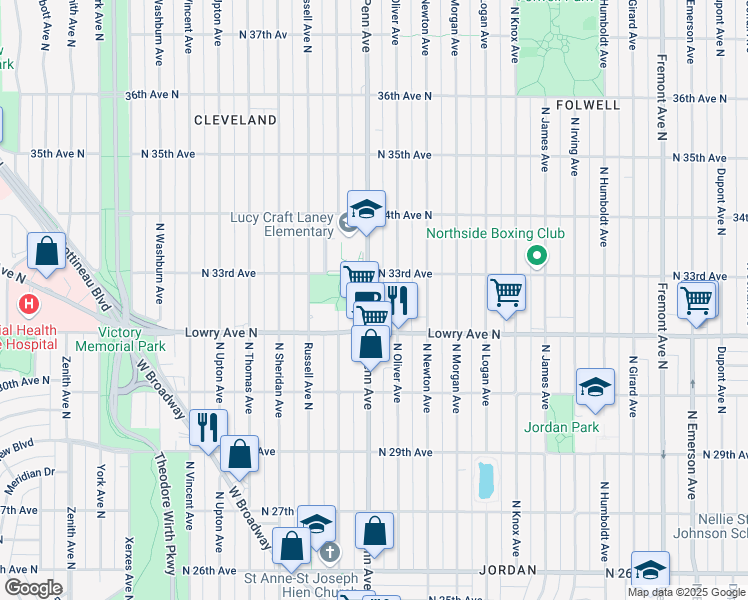 map of restaurants, bars, coffee shops, grocery stores, and more near 3230 North Penn Avenue in Minneapolis